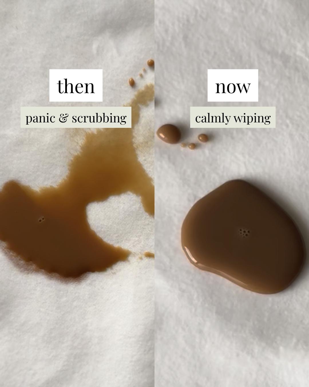 Comparison of a brown stain before and after cleaning on a white surface.