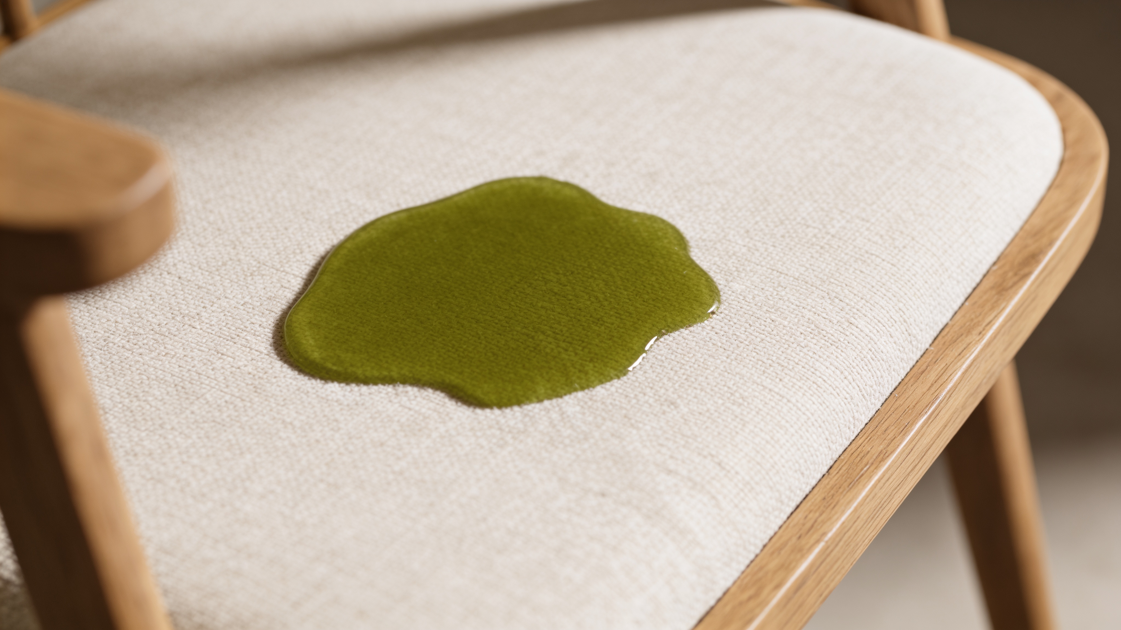 A green liquid spill on a light beige textured fabric chair cushion with a wooden frame.