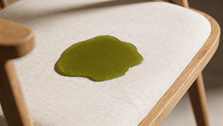 A green liquid spill on a light beige textured fabric chair cushion with a wooden frame.