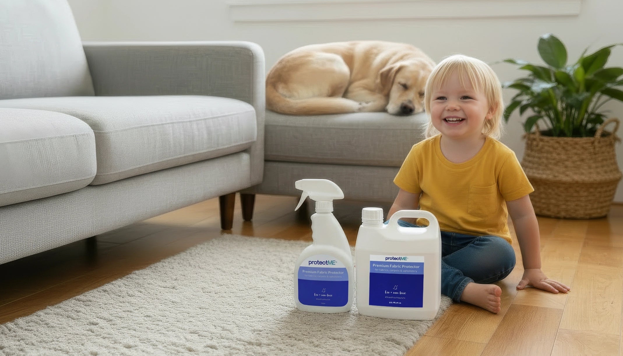 A child sitting with protectME non-toxic fabric protector bottles on a carpet next to a dog