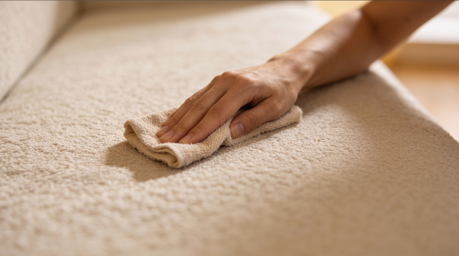 A close-up of a person's hand buffing a textured beige couch with a small beige cloth in a home setting showing how to use protectME when the fabric needs extra attention.
