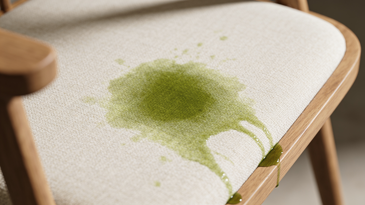 A close-up of a light beige upholstered chair seat with a green liquid spill on the fabric, showing the spill absorbing and dripping toward the wooden armrest.