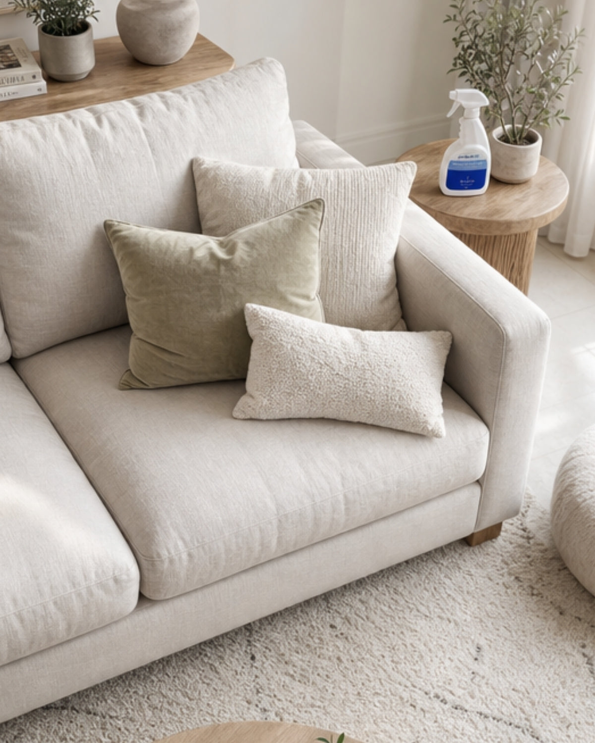 A light beige fabric sofa in a bright, modern living room, styled with three textured throw pillows in neutral shades of beige and olive green. It shows the number of items that protectME could potentially protect.