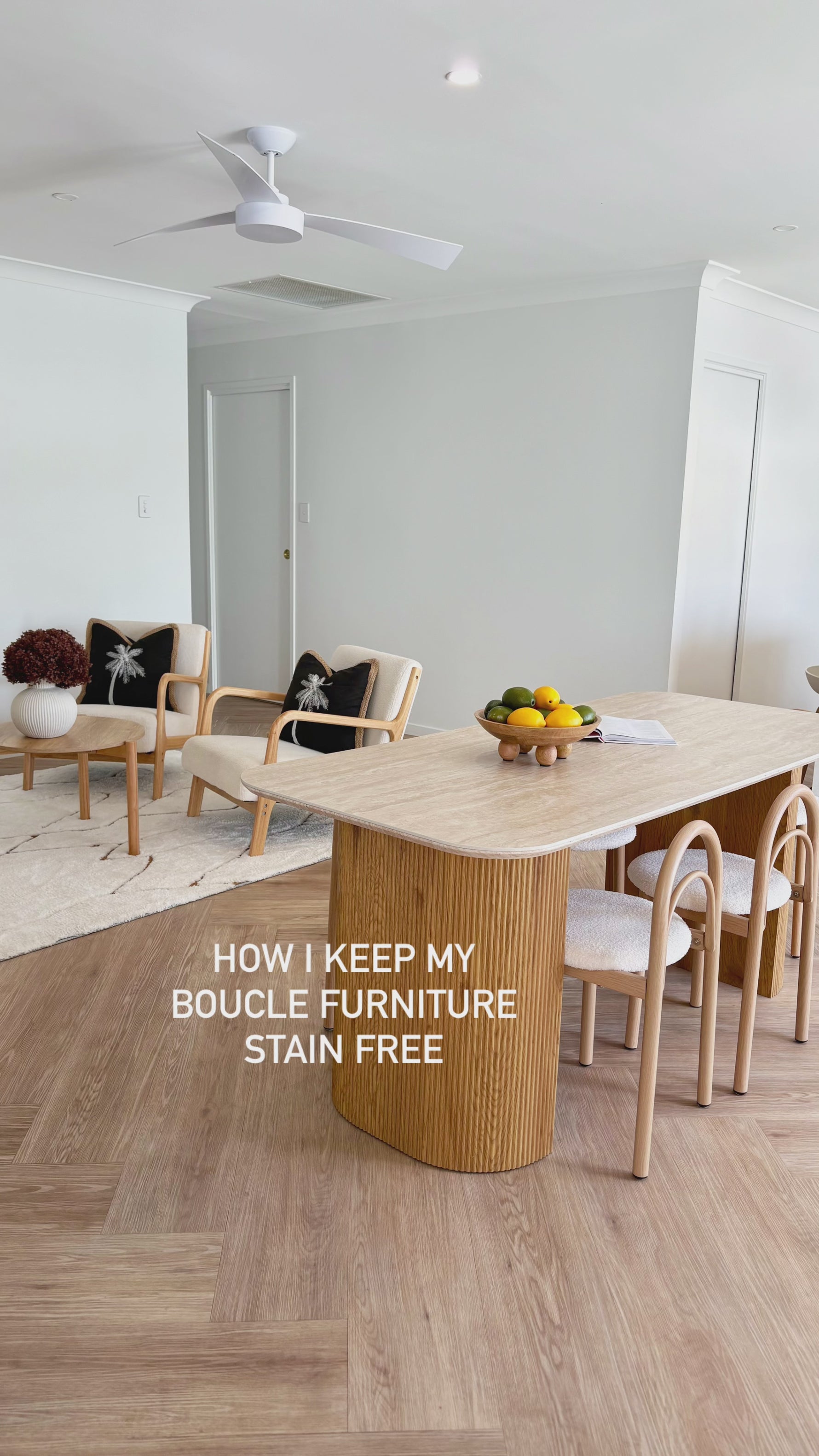 An affiliate using protectME to protect their bouclé furniture. It shows the application of protectME and how it repels stains. The affiliate even used tea to show how their white bouclé chair was still protected.