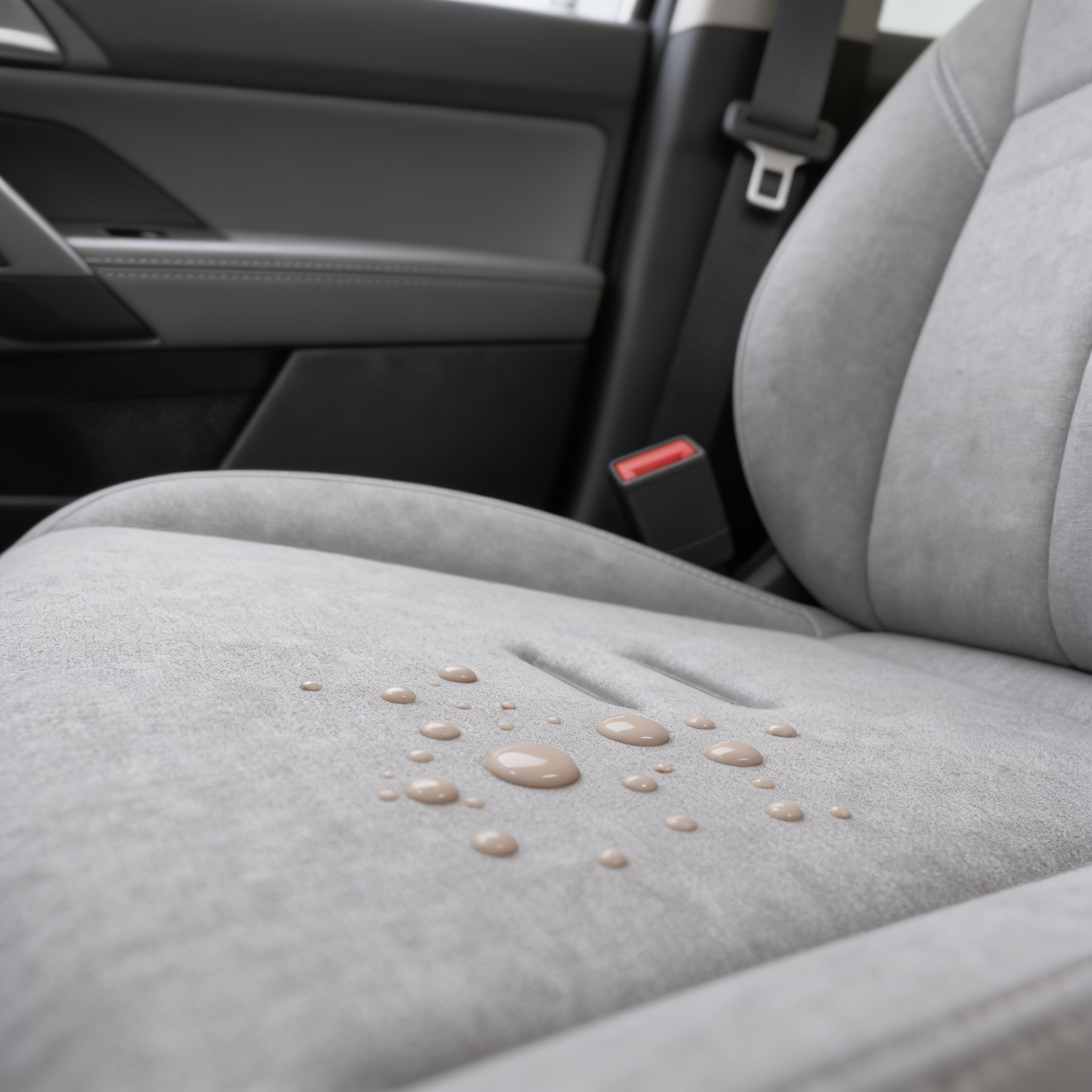 Car seat with milk droplets on a gray car seat showing the spill protection of protectME