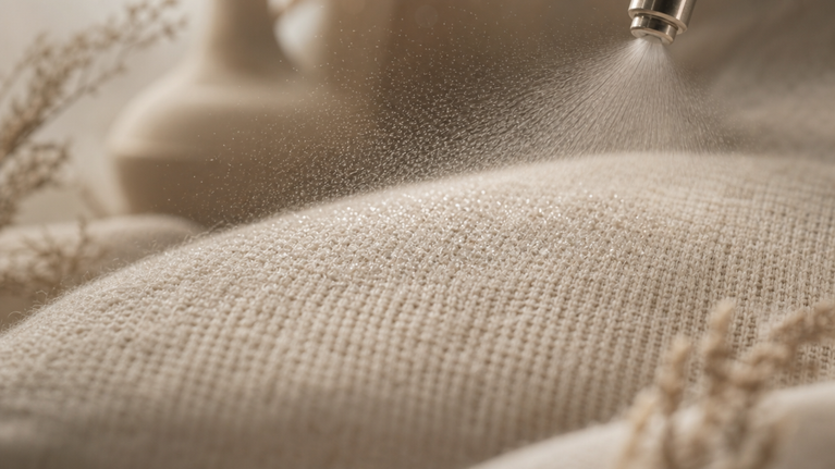 Spraying protectME onto a textured beige surface with blurred natural elements in the background. The fine mist shows the even distribution of protectME.