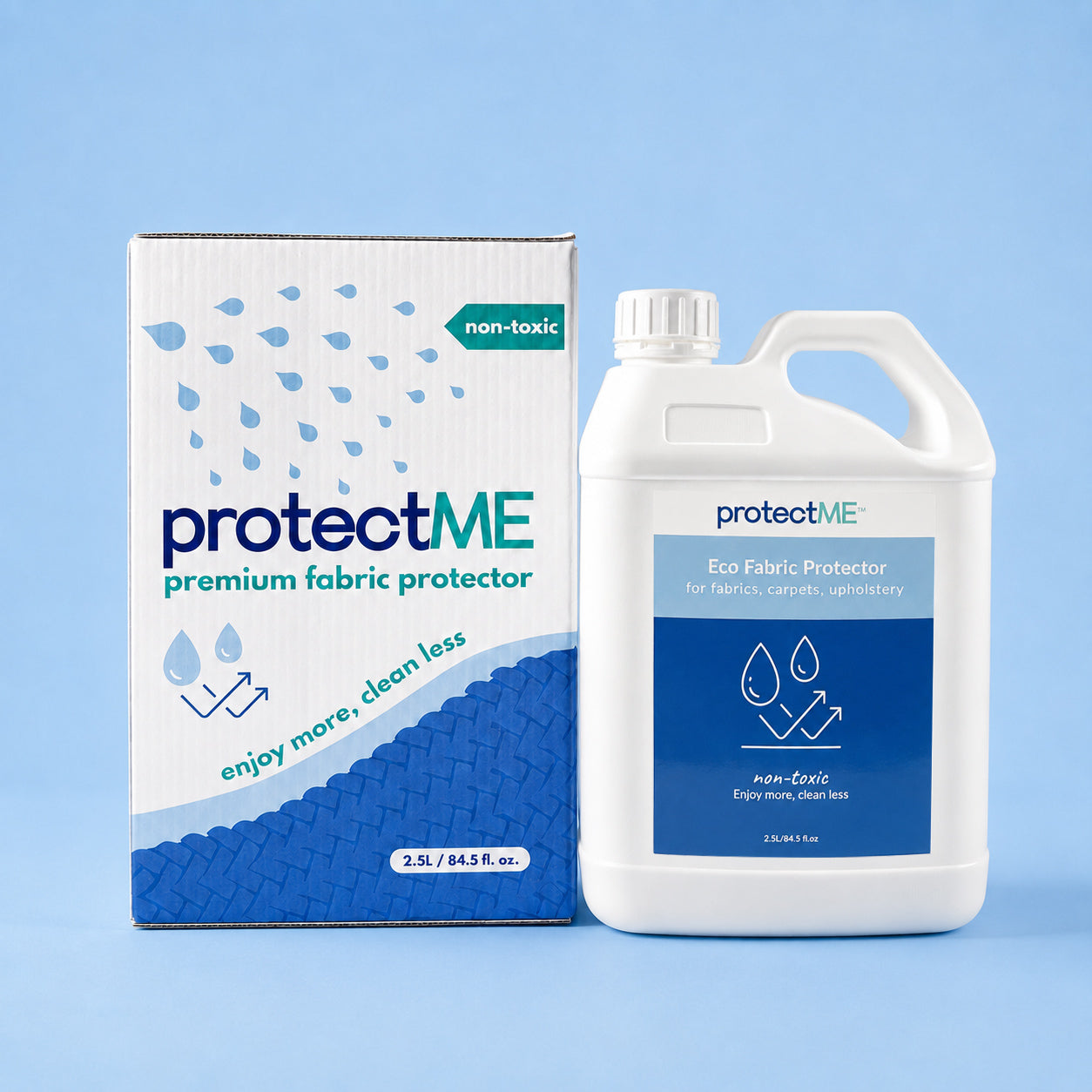 ProtectME Premium Fabric Protector shown with its retail box and a large white 2.5L bottle on a light blue background.