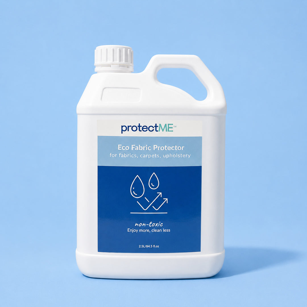 A 2.5L white plastic bottle of protectME premium Fabric Protector, featuring a blue and white label, set against a solid light blue background.