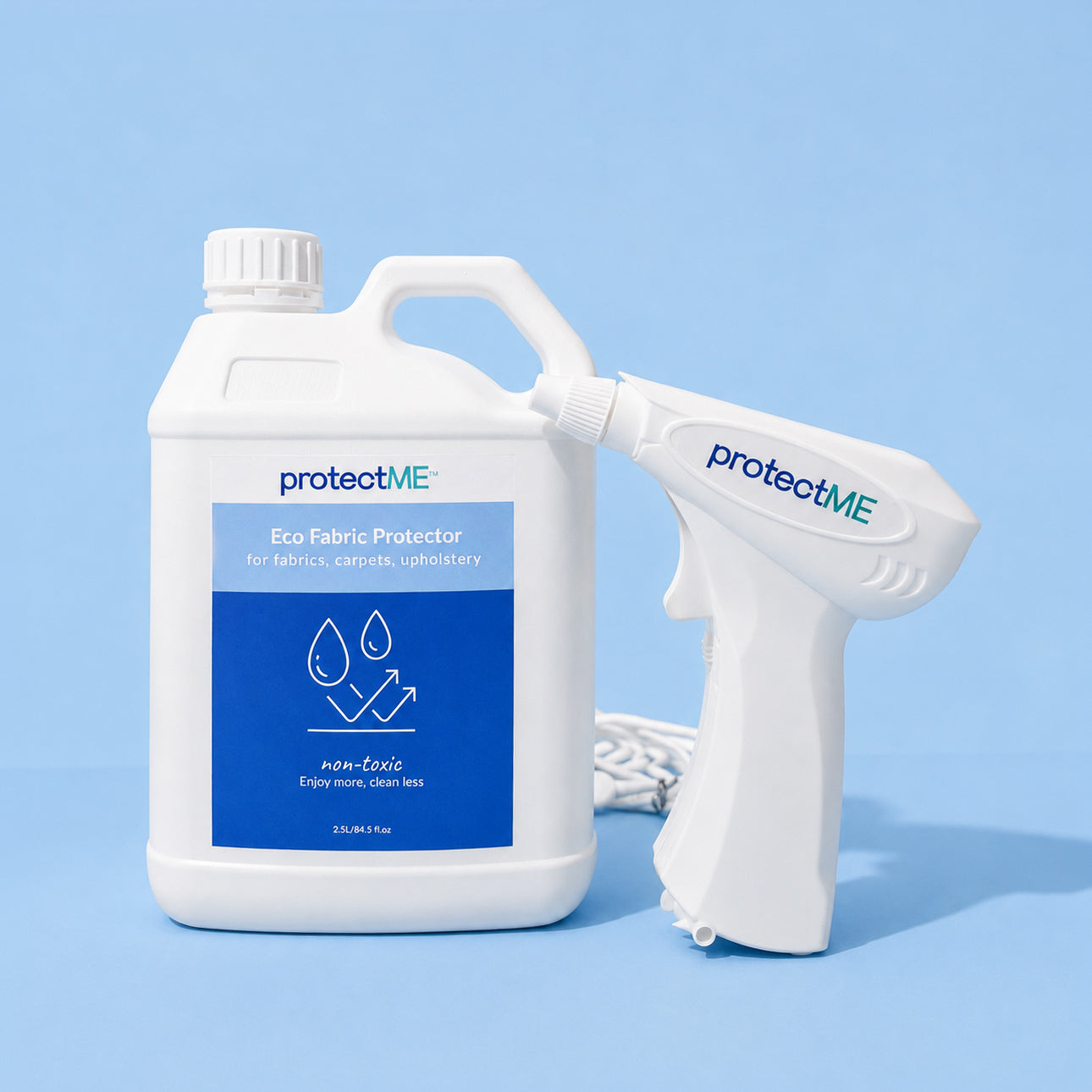 A white 2.5L plastic bottle of protectME premium Fabric Protector next to a white handheld battery spray applicator, set against a solid light blue background.