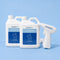 Two white 2.5L plastic bottles of protectME premium Fabric Protector with blue labels, shown alongside a white handheld battery sprayer gun on a light blue background.