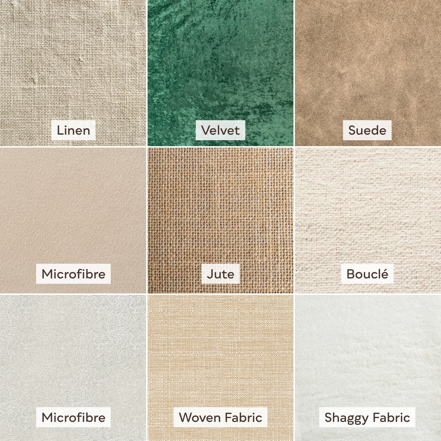 Collection of fabric texture swatches labeled with types like Linen, Velvet, Suede, Microfibre, Jute, Bouclé, Woven Fabric, and Shaggy Fabric.
