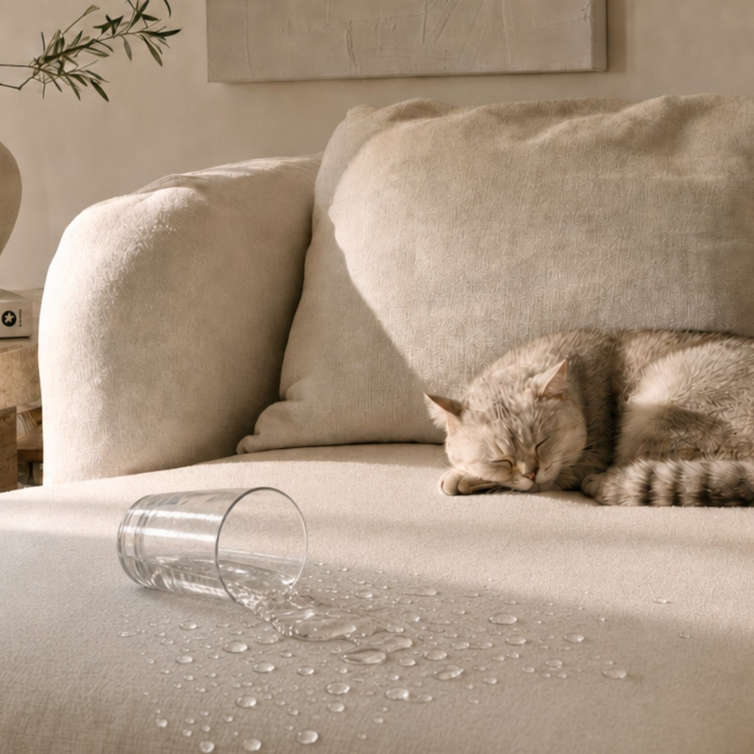 Cat sleeping on a beige sofa next to a glass of water that has spilled onto the surface. The water doesn't soak into the fabric's surface instead it repels from the fabric.