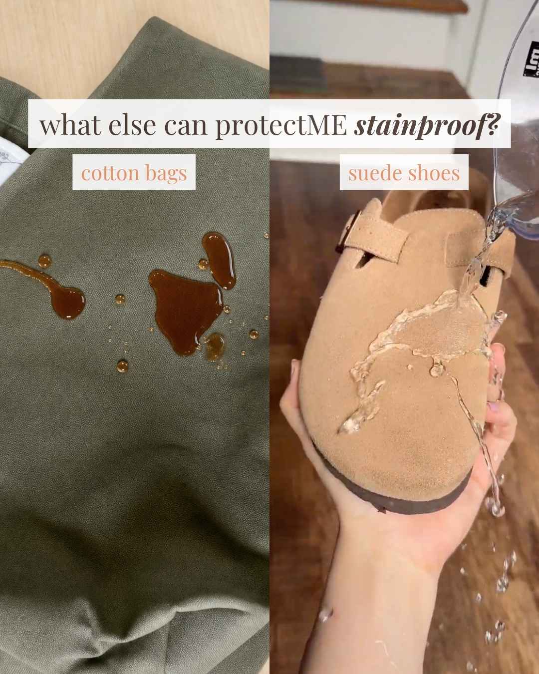 A split-screen comparison showing a stainproof fabric treatment. The left side shows dark brown liquid spilled on an olive green cotton bag with text reading 'cotton bags'.