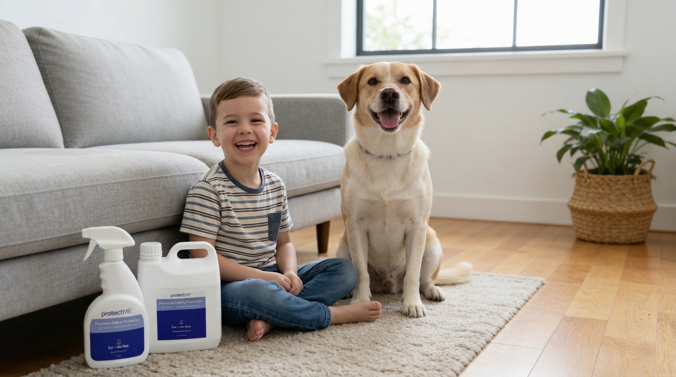 Child and dog sitting on a rug with 2 bottles of protectME product in a living room.