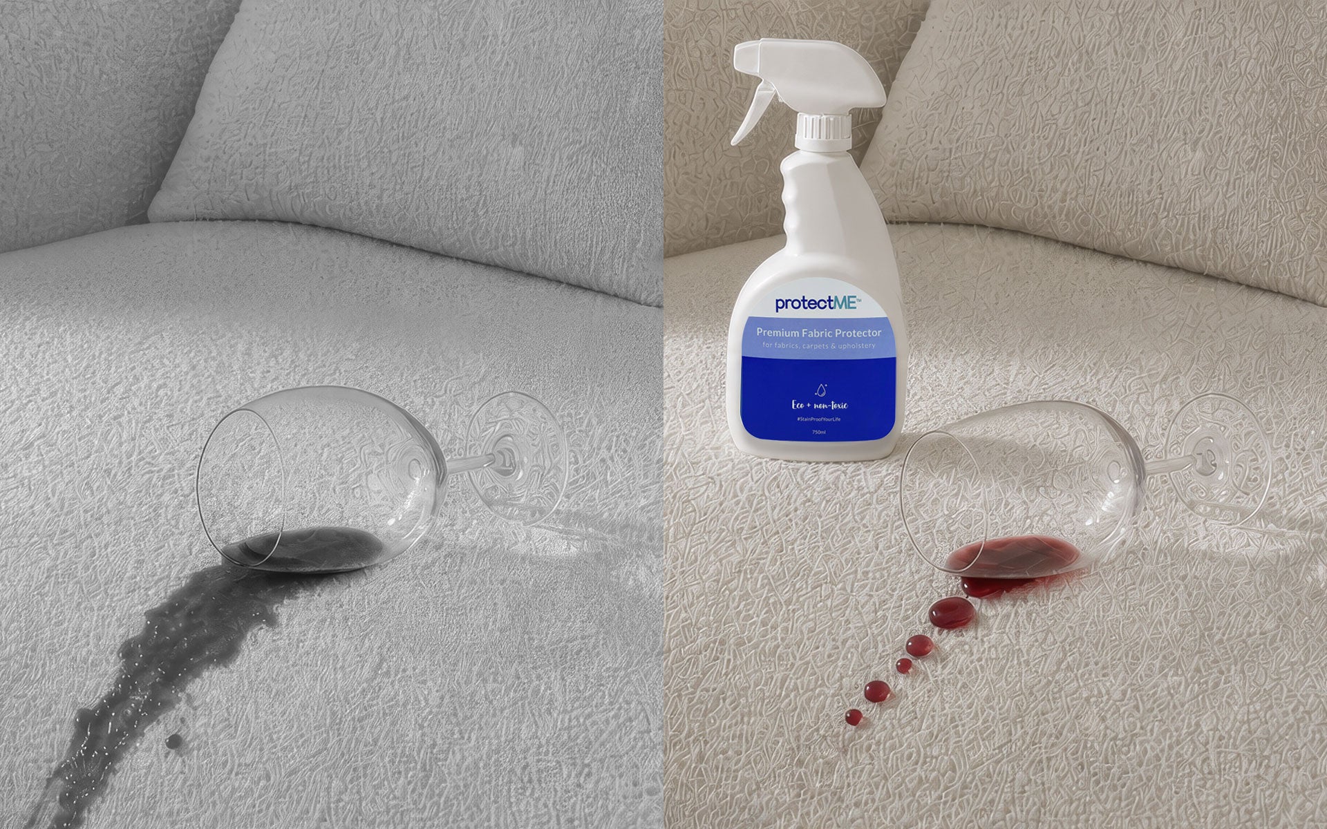 A comparison image before and after of a sofa with a wine stain on the left and on the right a wine spill that beads on top of the fabric along with a protectME spray bottle showing it has protected the fabric.