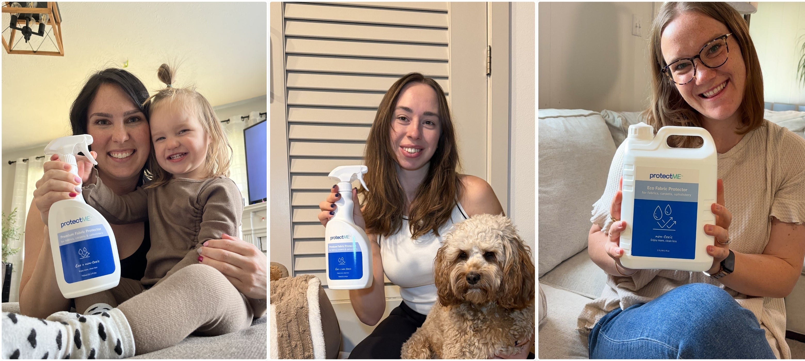 Three images of a woman holding protectME products with different pets and kids showing the non-toxic nature of protectME.
