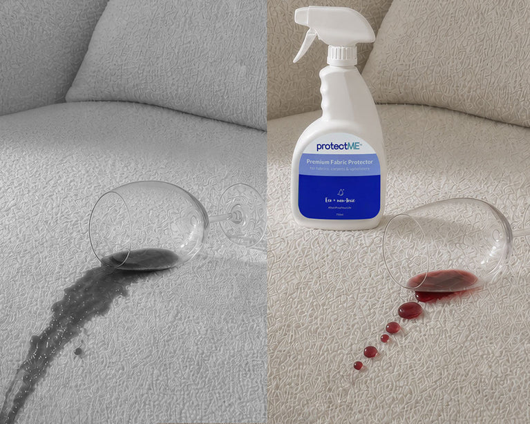 A mobile comparison image before and after of a sofa with a wine stain on the left and on the right a wine spill that beads on top of the fabric along with a protectME spray bottle showing it has protected the fabric.