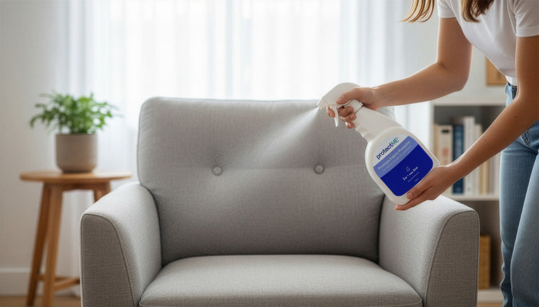A woman spraying protectME, non-toxic, fabric protector on the a grey sofa. It demonstrates the ease of the application process of protectME.